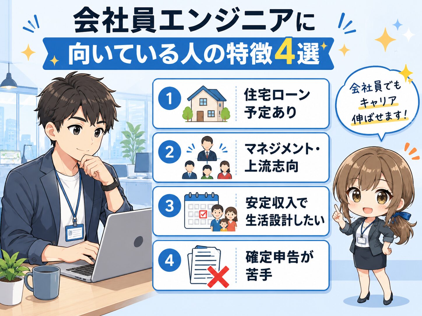会社員エンジニアに向いている人の特徴4点(住宅ローン予定・マネジメント志向・安定収入で生活設計・確定申告が苦手)を1枚にまとめた特徴カード。