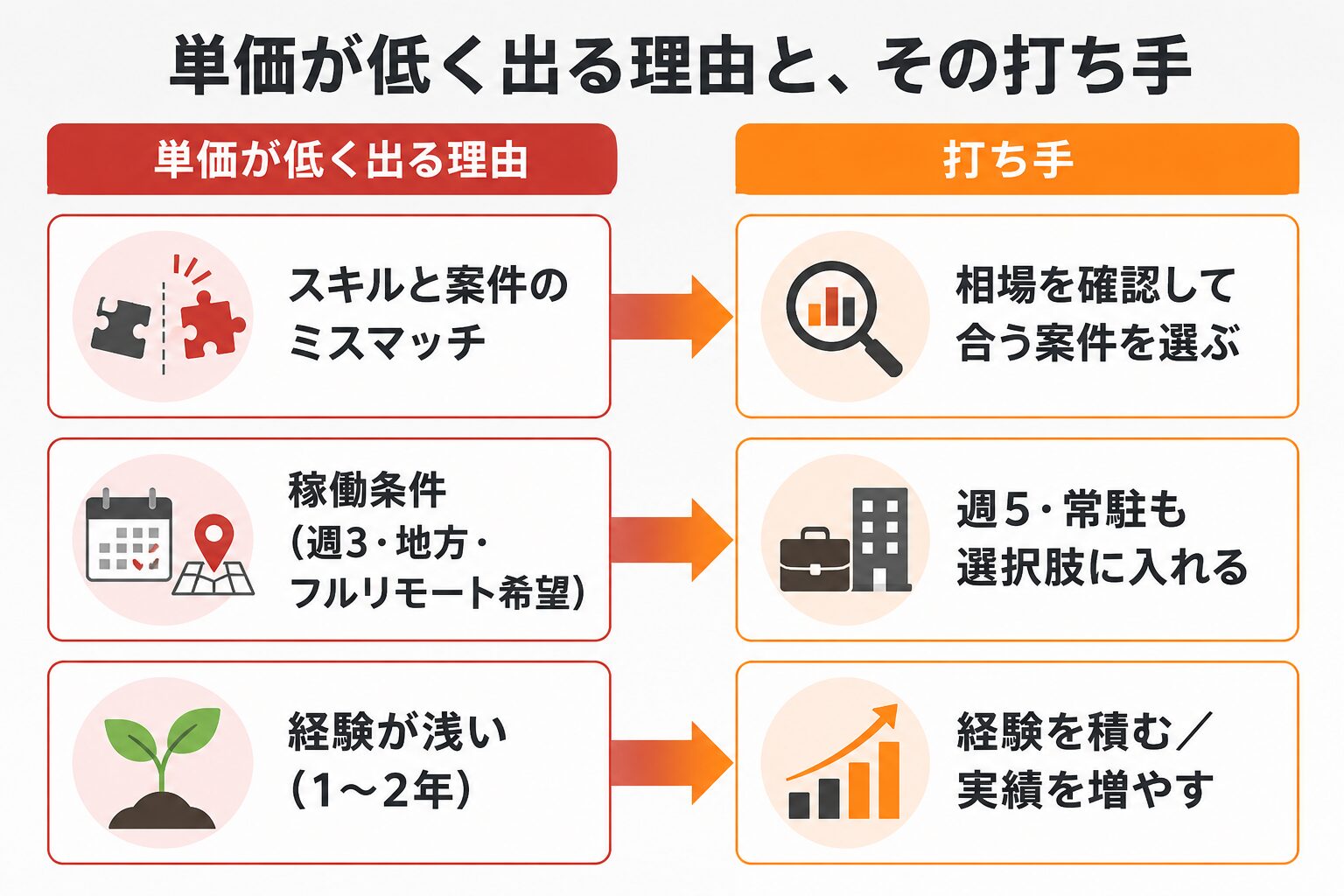 レバテックフリーランスで単価が低く出る理由と打ち手の対比図。スキルミスマッチ・週3や地方稼働・経験浅めの3要因に対し、相場確認・常駐相談・複数社比較という打ち手を示す。