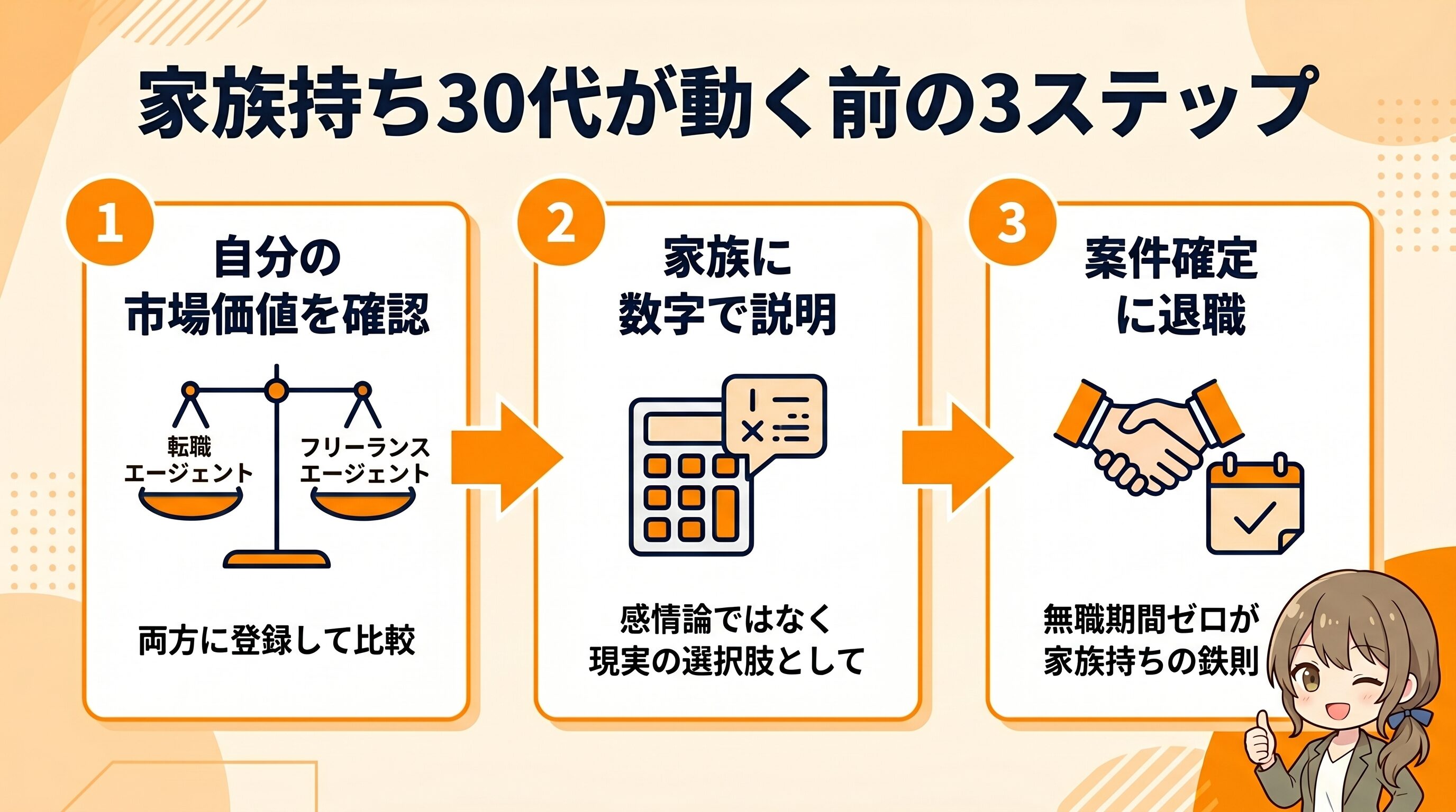 30代エンジニアが転職活動を始める前にやるべき3ステップ。市場価値の確認、家族への数字での説明、案件確定後の退職という順序で家族持ちが安全に動くためのロードマップ