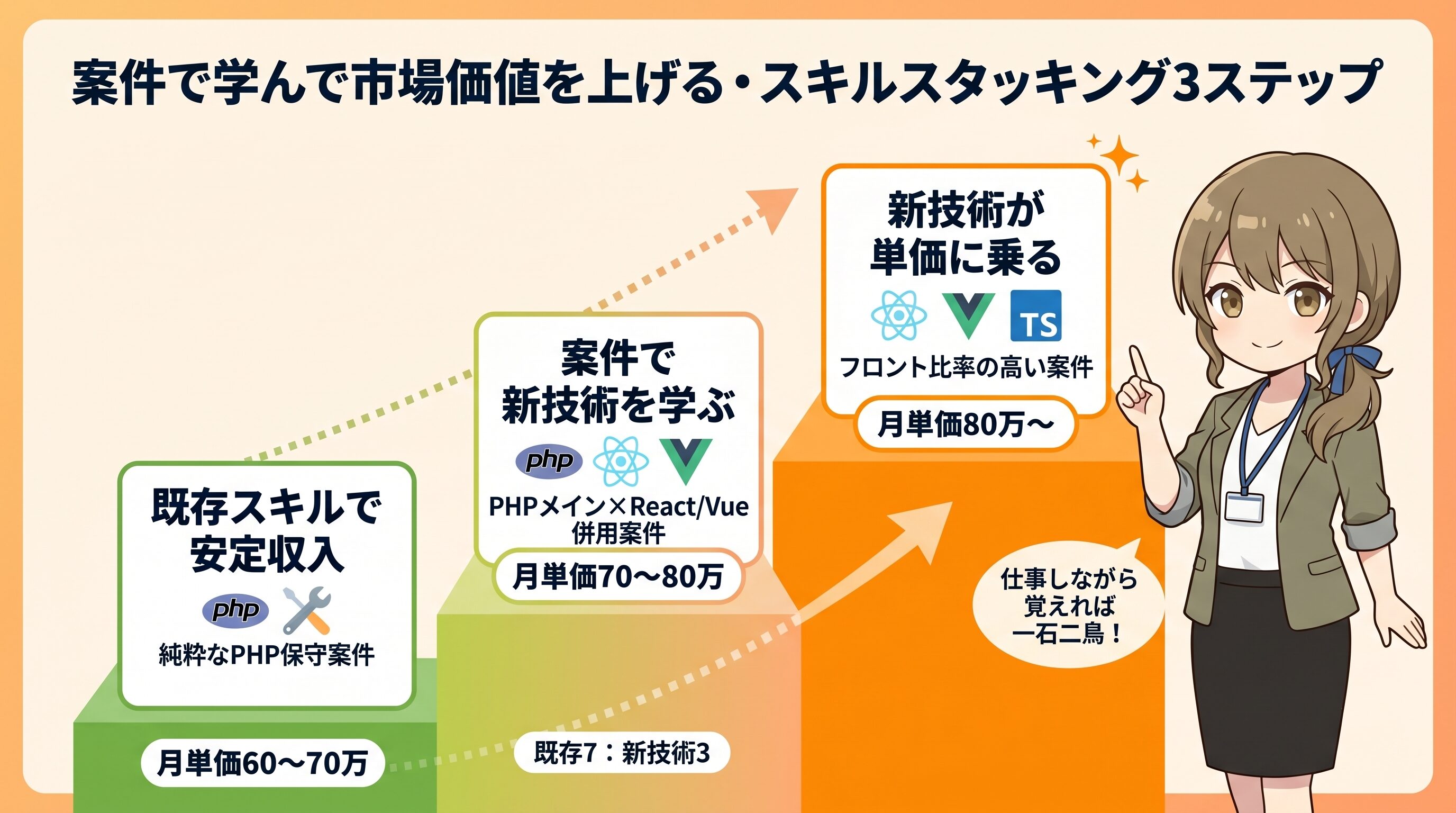 PHPなど既存スキルを軸に、React/Vueなど学びたい新技術が使われる案件を選んで仕事しながら覚え、フリーランスとしての市場価値を段階的に上げていく3ステップの成長モデル
