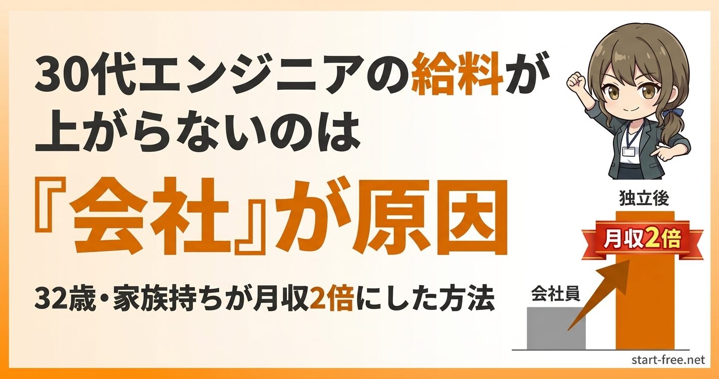 30代エンジニアの給料が上がらないのは会社の構造が原因。32歳・家族持ちが独立して月収2倍にした方法を解説する記事のアイキャッチ。会社員時代と独立後の収入比較グラフ付き。