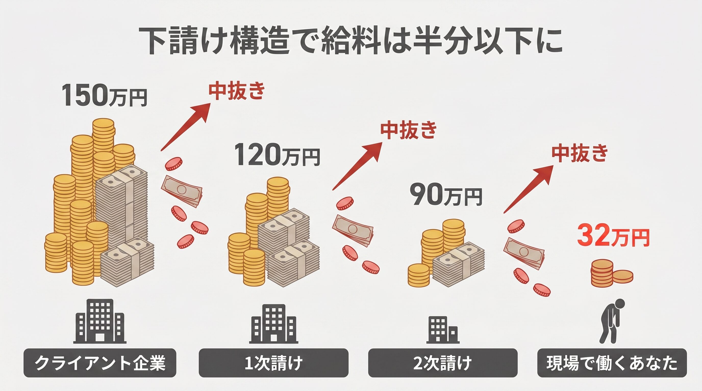 クライアント企業の発注額150万円が、1次請けで120万円、2次請けで90万円と中抜きされ、現場で働くエンジニアの手元には手取り月32万円しか残らない多重下請け構造の図解。給料が会社まで届くと半分以下になる構造を可視化。