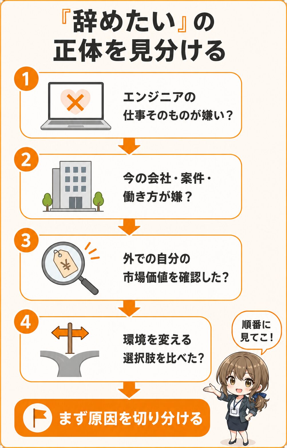 エンジニアを辞めたいと思ったときの判断フロー図。仕事自体が嫌いか、今の環境が嫌か、市場価値を確認したか、選択肢を比べたかを順にたどり、辞める前に原因を切り分ける流れを示す