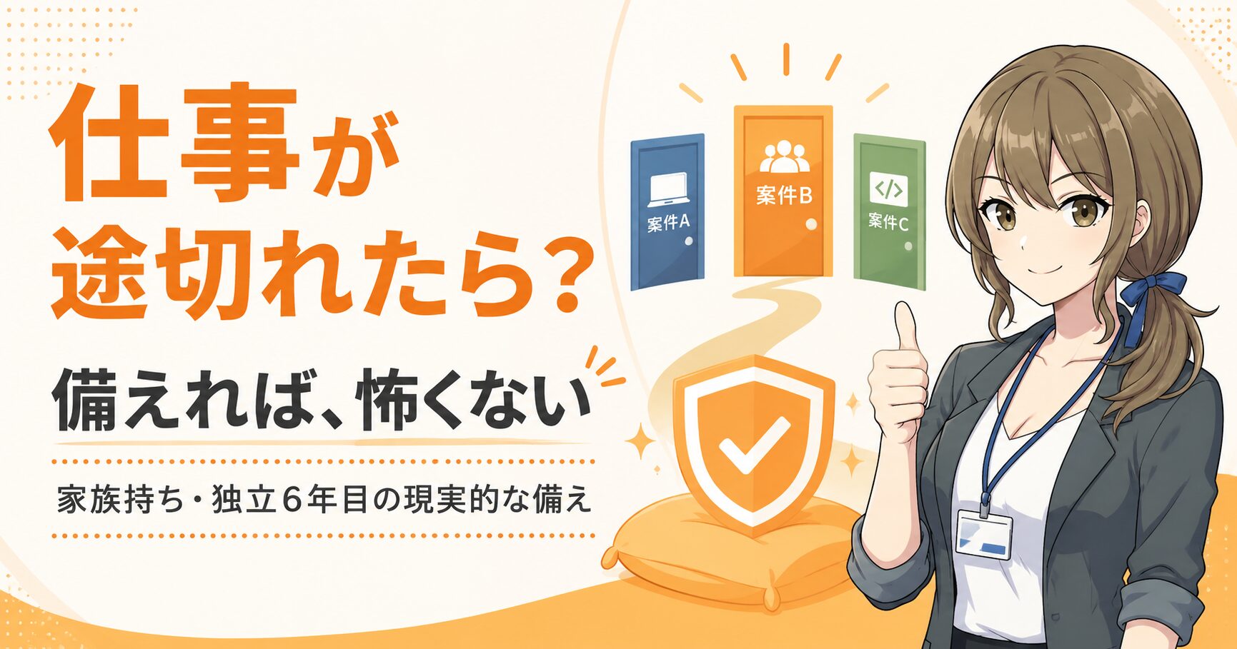 フリーランスの仕事が途切れたらどうするかを解説する記事のアイキャッチ。案件が切れる不安への現実的な備えを家族持ち6年目の実体験で示すことを伝える