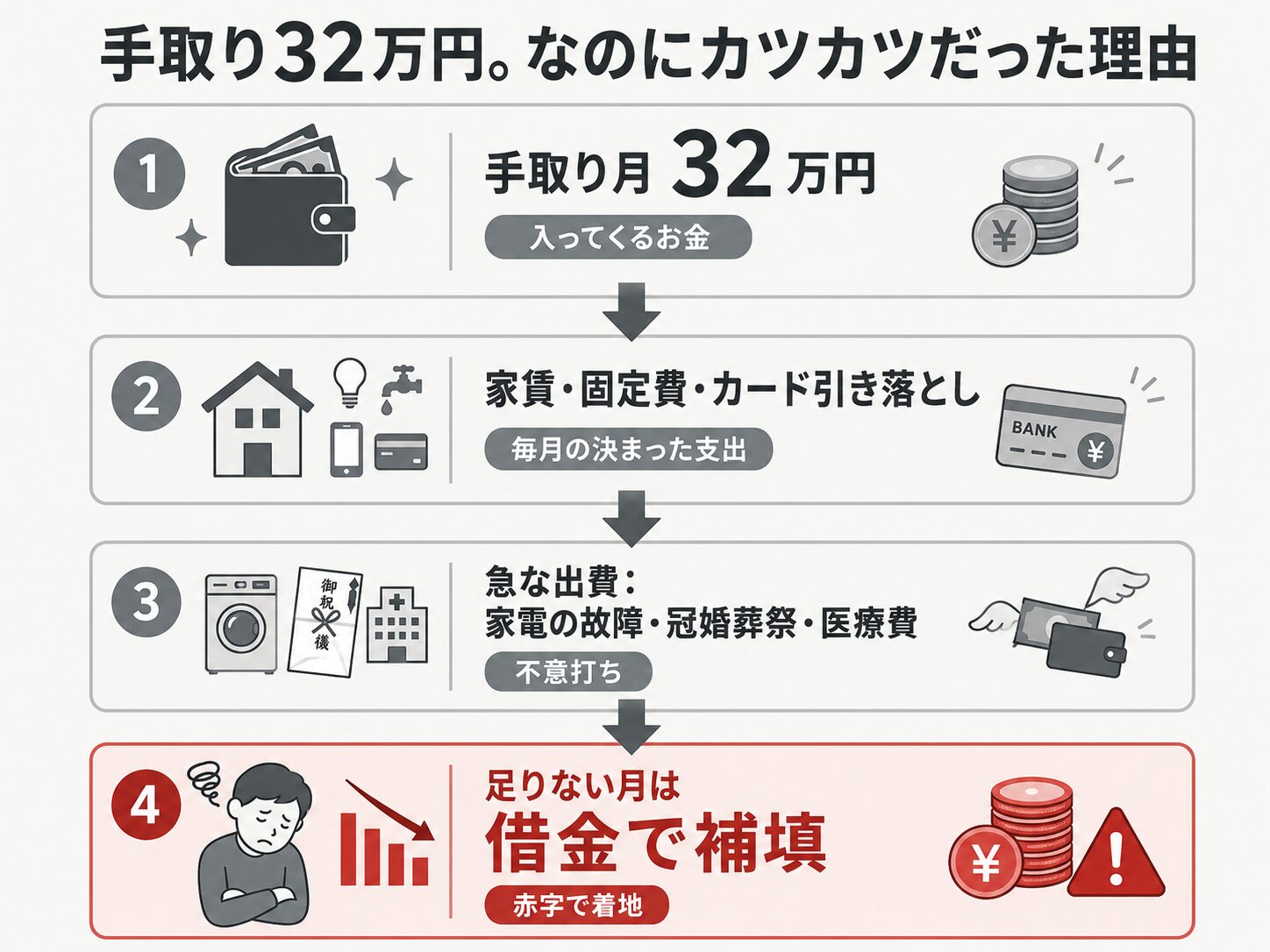 会社員時代の手取り月32万円が家賃・固定費・急な支払いに消え、足りない月は借金で補填していた家計の流れを示す縦フロー図。手取りの額面は低くないのに余白がない構造を可視化