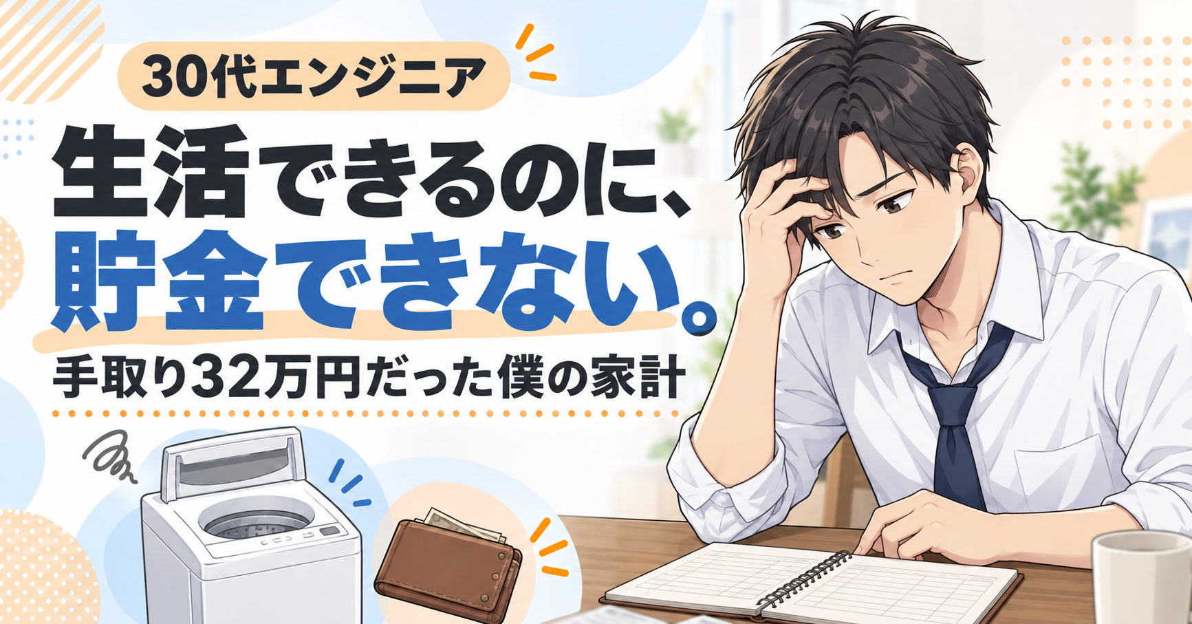 生活できるのに貯金できず、家計簿を前に悩む30代の会社員