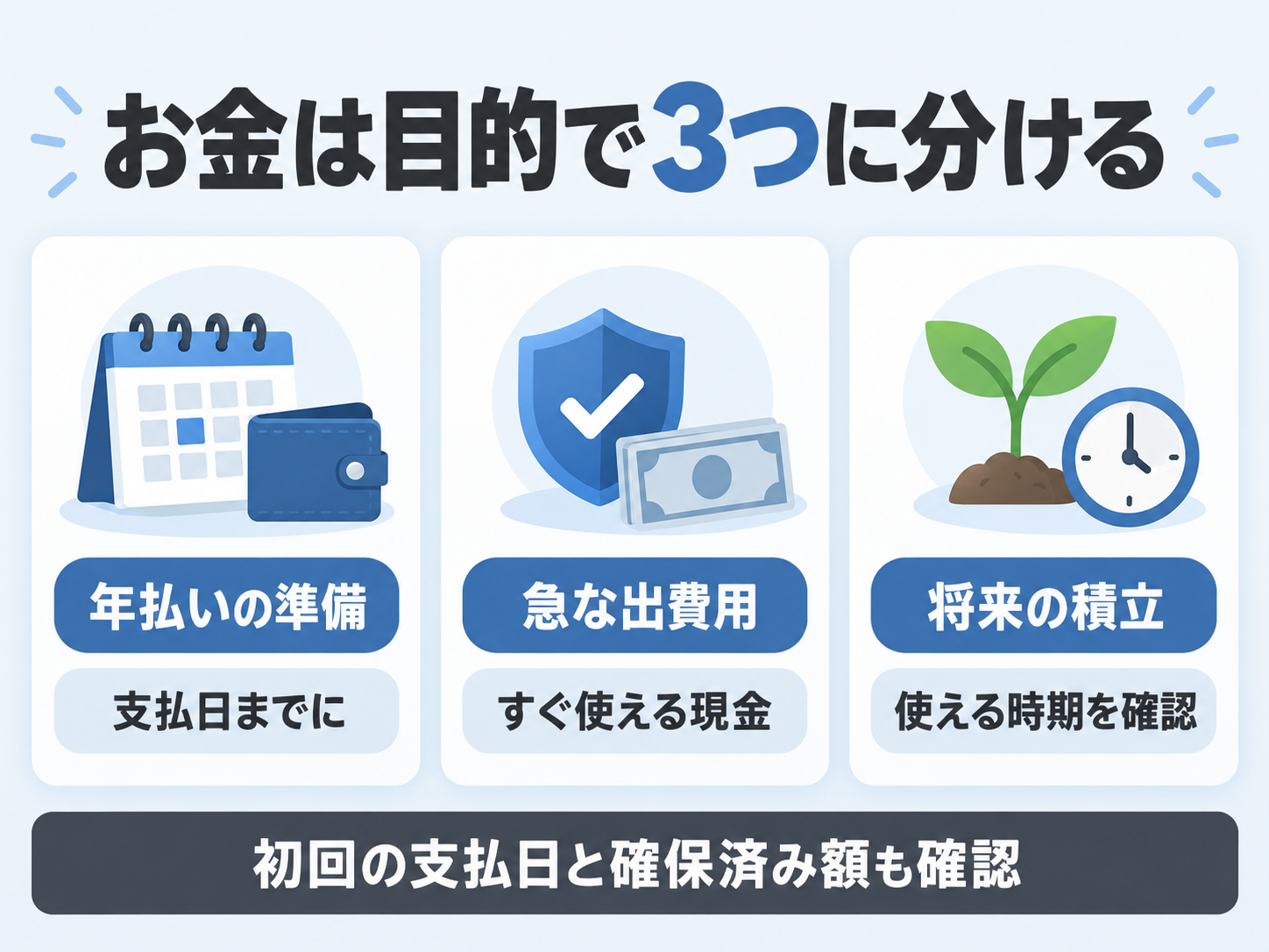 年払いの準備・急な出費用の現金・将来の積立を目的別に分け、初回支払日と確保済み額も確認する図