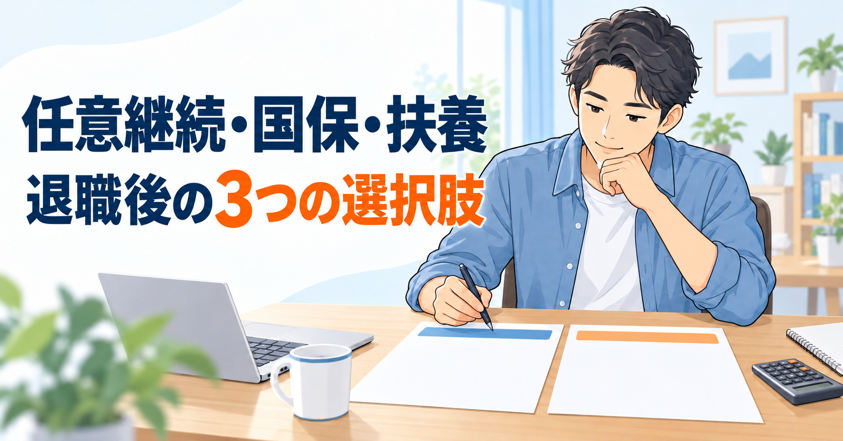 退職後の健康保険3つの選択肢を前に考える30代エンジニアのイラスト