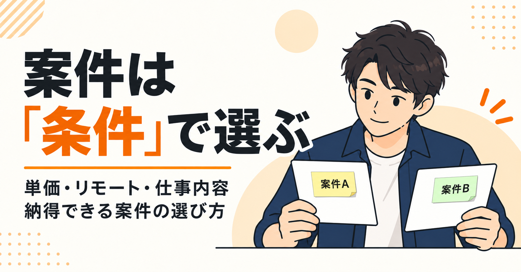 正面向きの架空のエンジニアが2枚の紙を持つイラスト。見える裏面は無地で、黄色の付箋に案件A、緑の付箋に案件Bと記載